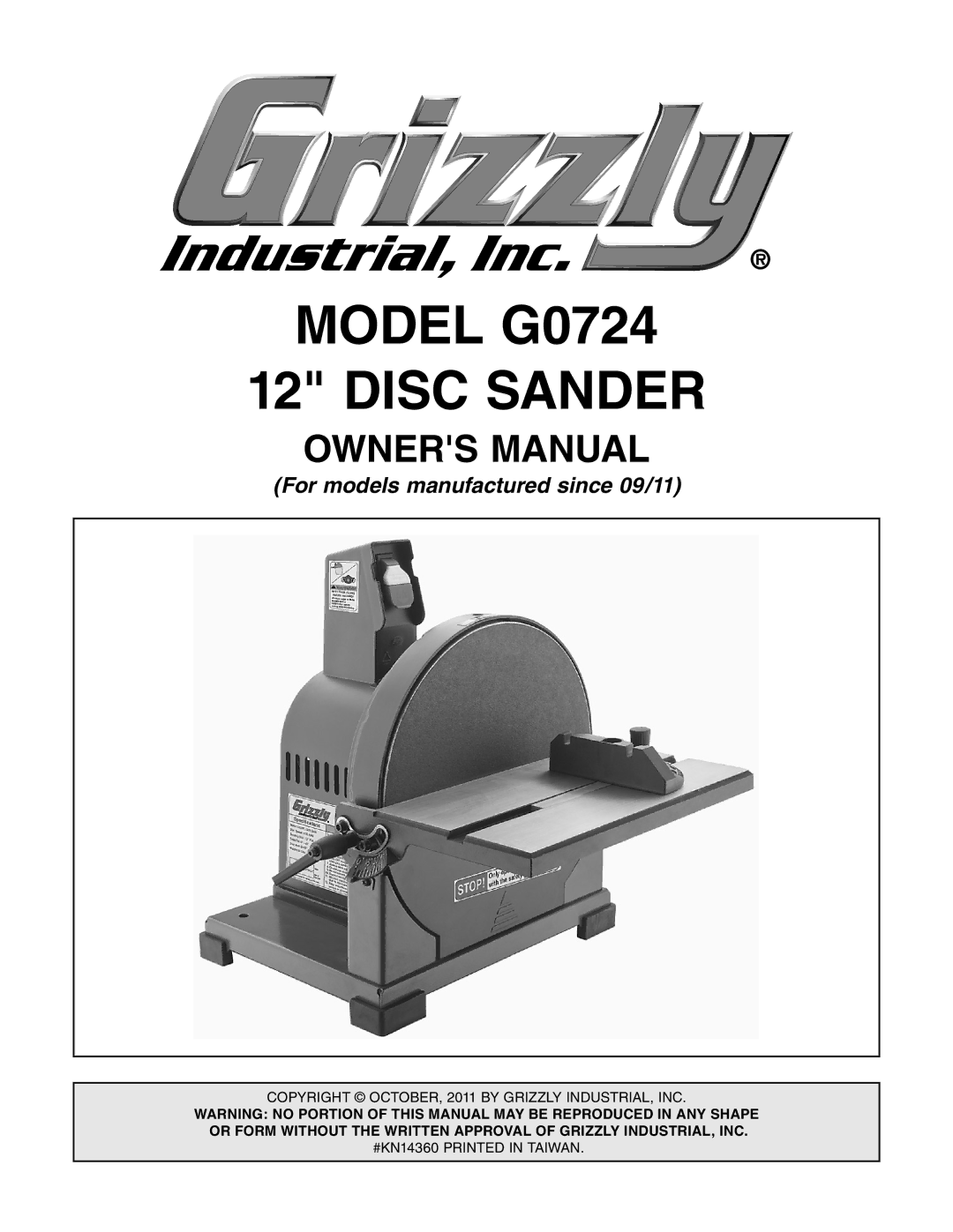 Grizzly owner manual Model G0724 Disc Sander 