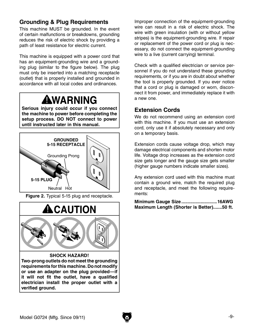 Grizzly G0724 owner manual Grounding & Plug Requirements, Extension Cords, Minimum Gauge Size, 50 ft 