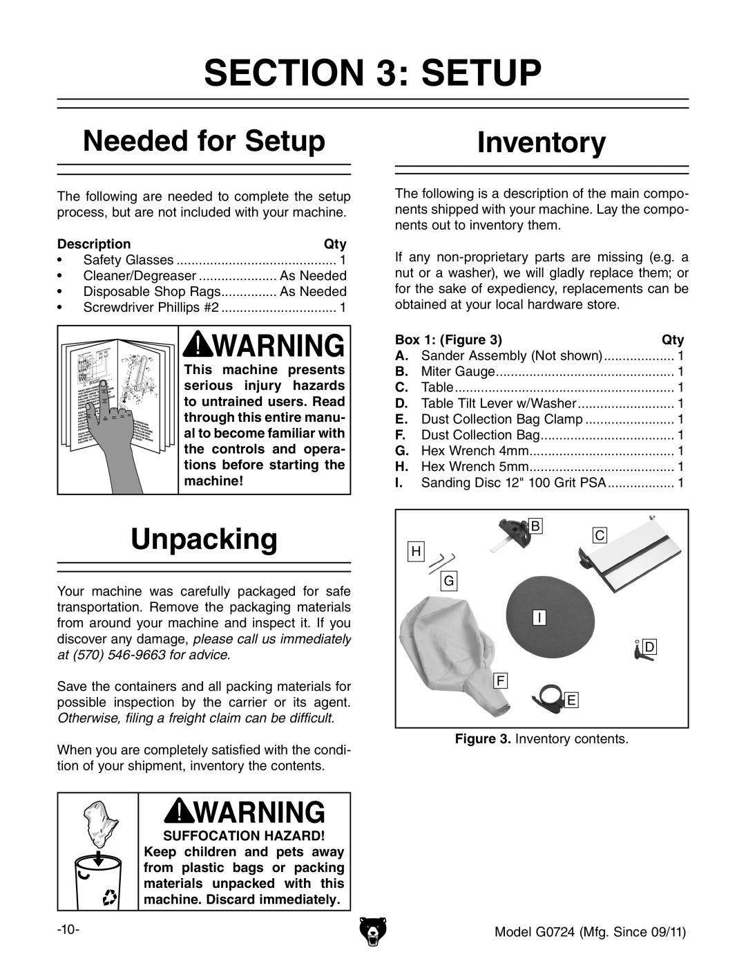 Grizzly G0724 owner manual Needed for Setup, Inventory, Unpacking 