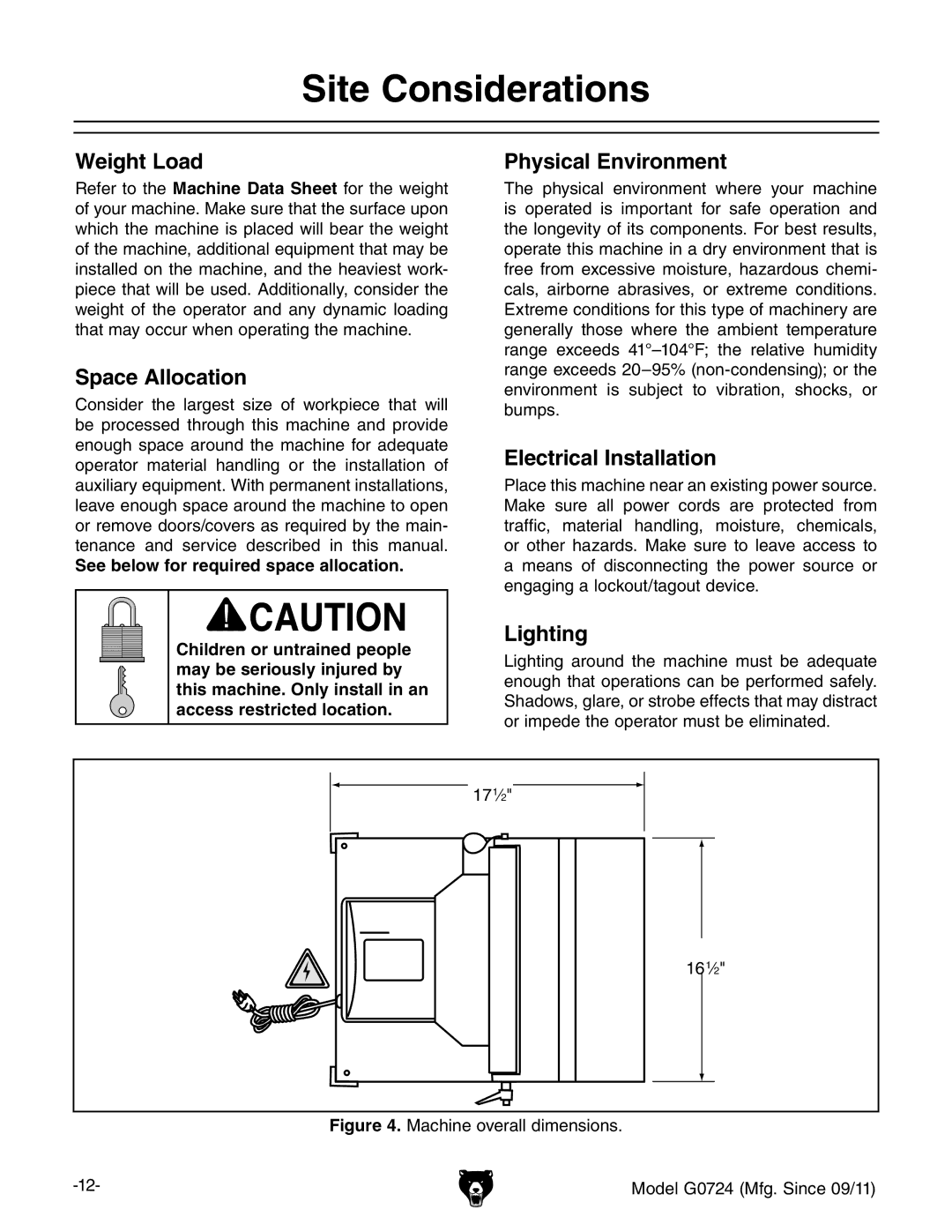 Grizzly G0724 owner manual Site Considerations 