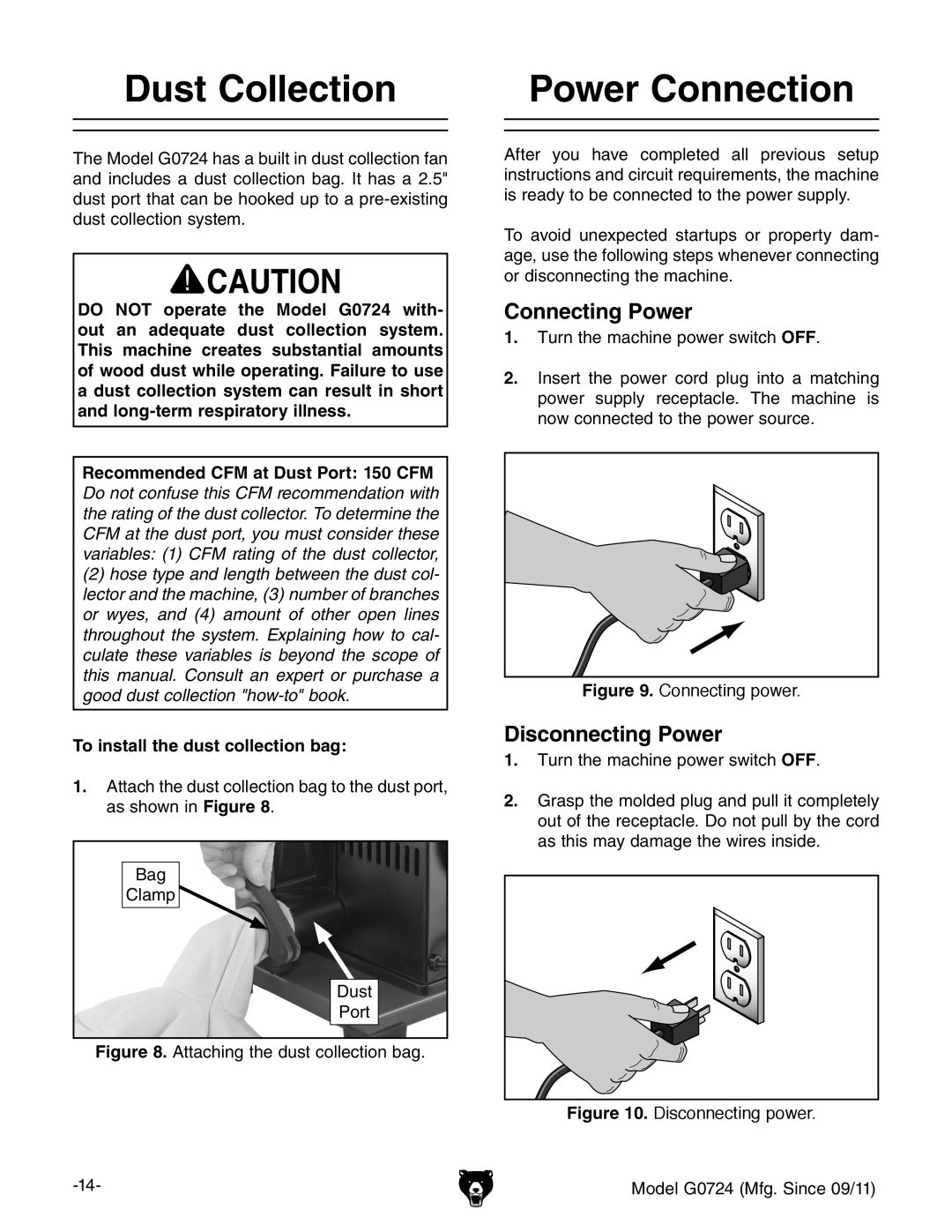 Grizzly G0724 Dust Collection Power Connection, Connecting Power, Disconnecting Power, To install the dust collection bag 