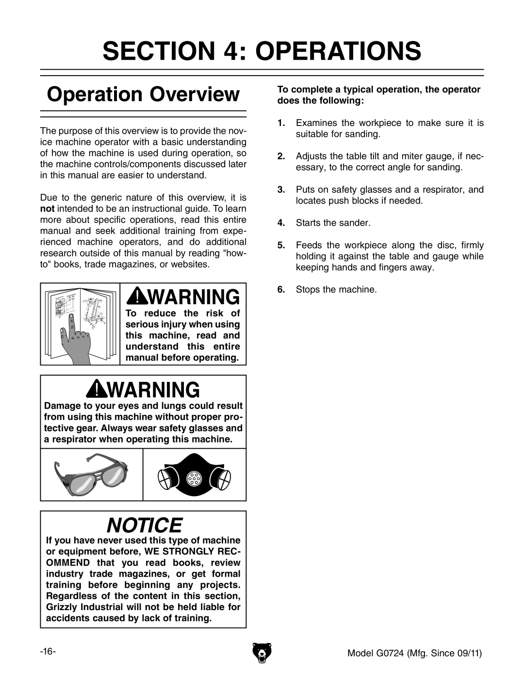 Grizzly G0724 owner manual Operations, Operation Overview 