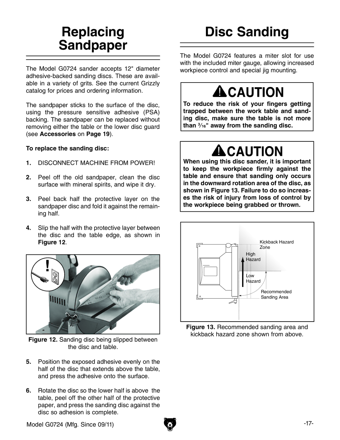 Grizzly G0724 owner manual Replacing Sandpaper, Disc Sanding, To replace the sanding disc 