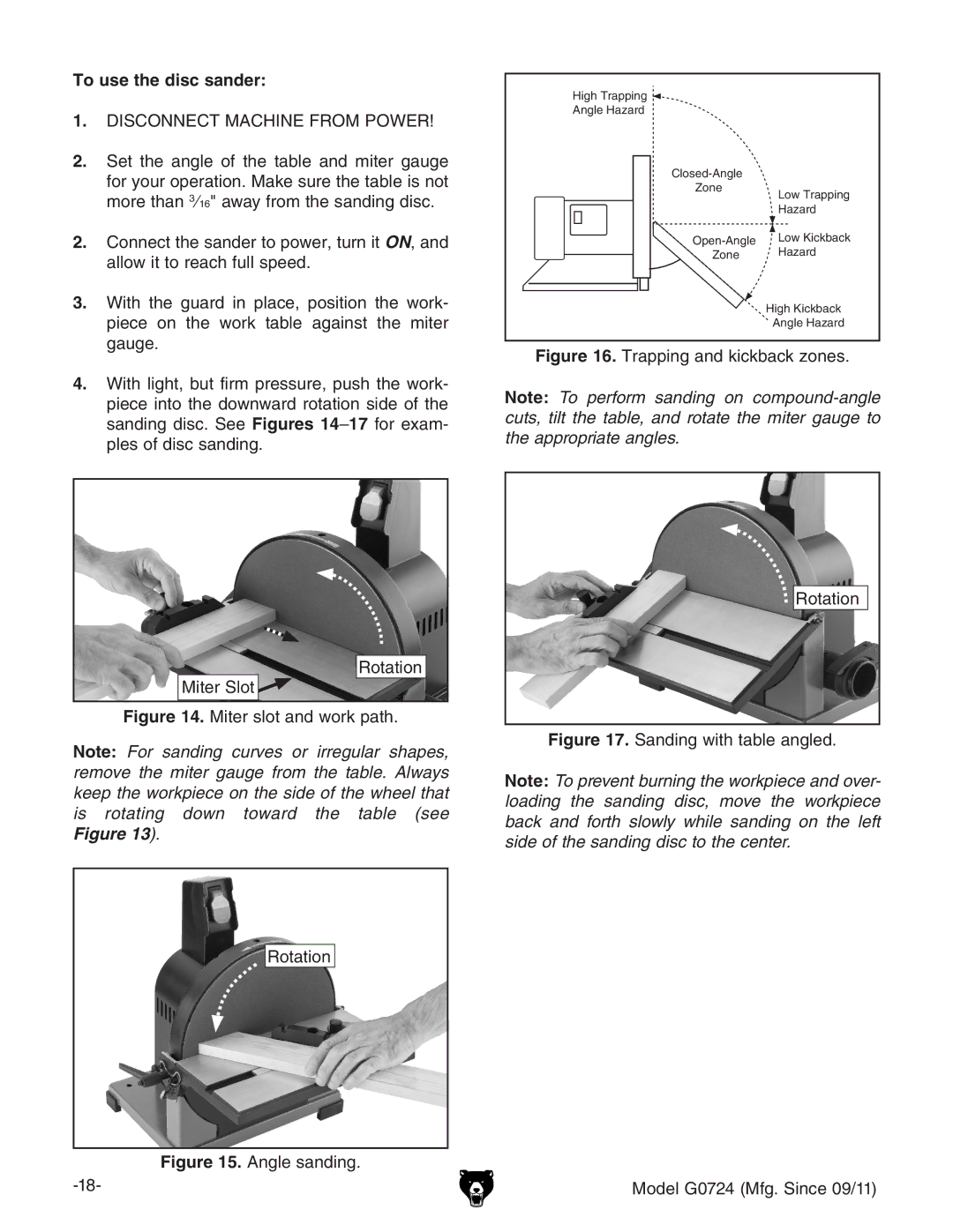 Grizzly G0724 owner manual To use the disc sander, Miter slot and work path Rotation 