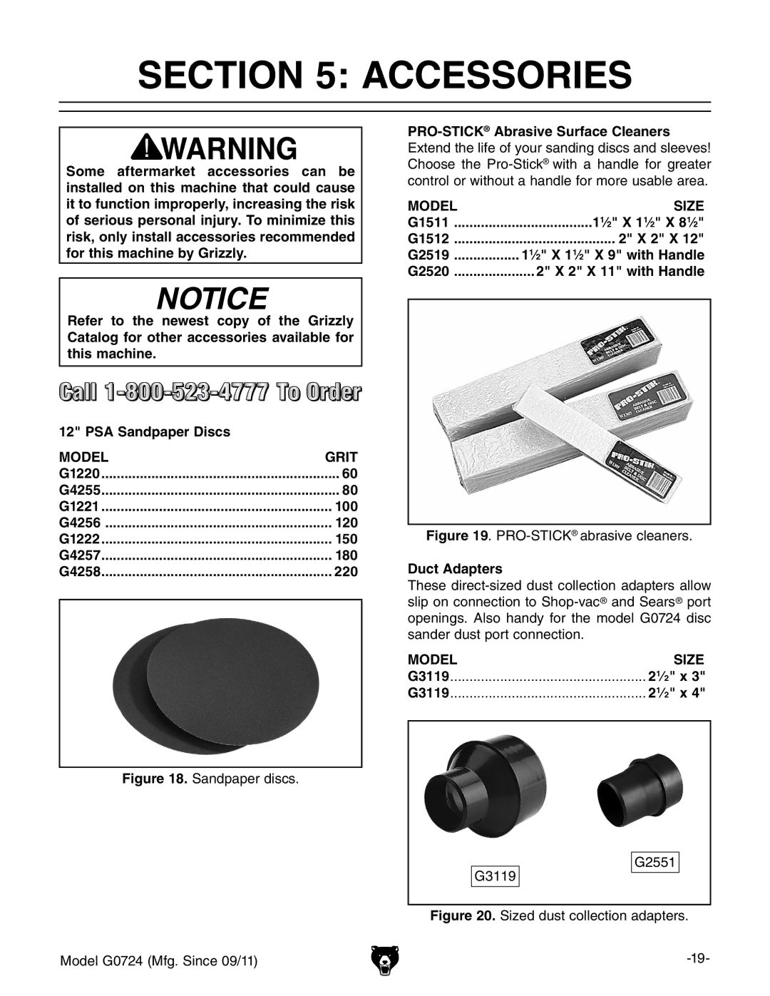 Grizzly G0724 owner manual Accessories 