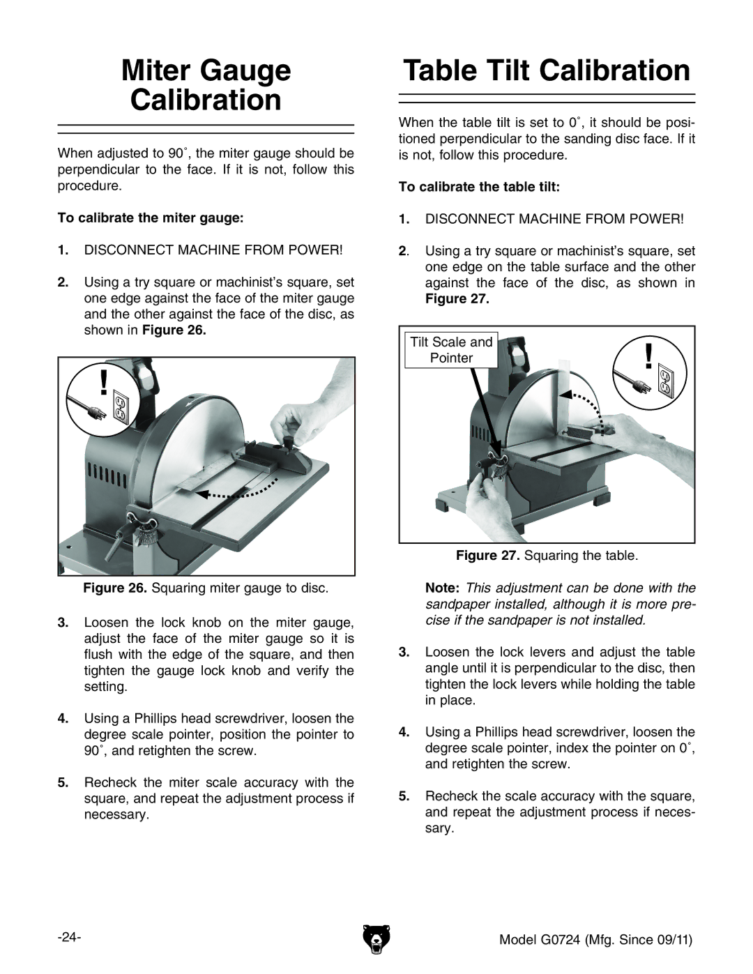 Grizzly G0724 Miter Gauge Calibration, Table Tilt Calibration, To calibrate the miter gauge, To calibrate the table tilt 