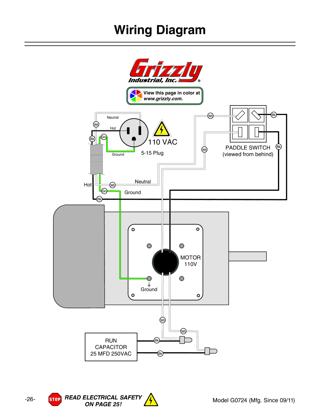 Grizzly G0724 owner manual Wiring Diagram, 110 VAC 