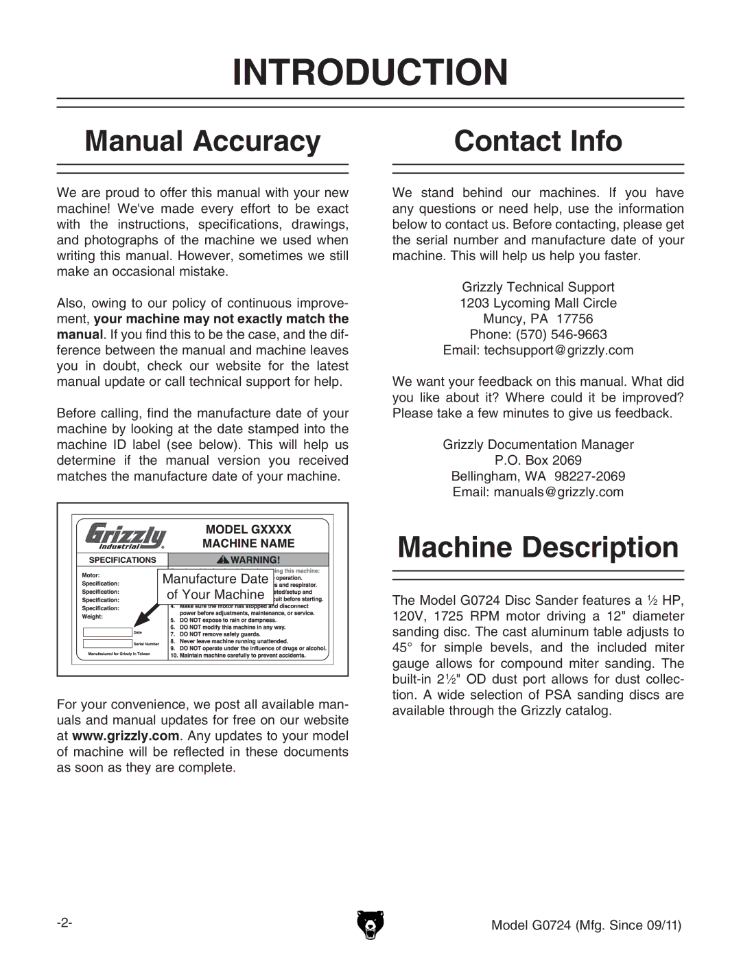 Grizzly G0724 owner manual Introduction, Manual Accuracy Contact Info, Machine Description 