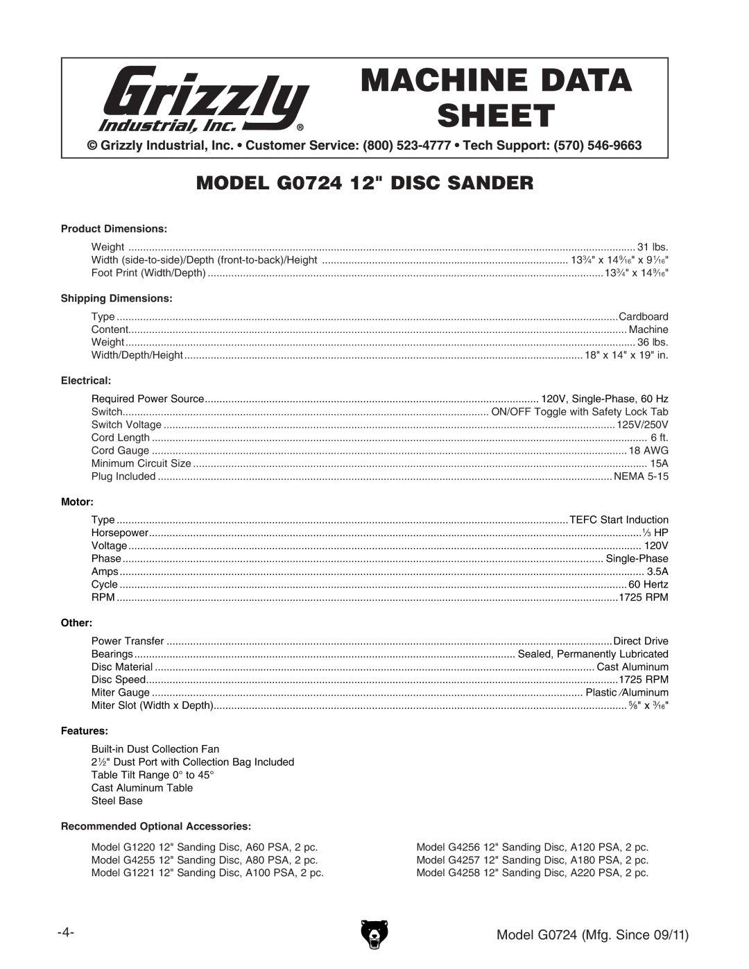 Grizzly G0724 owner manual Machine Data Sheet 