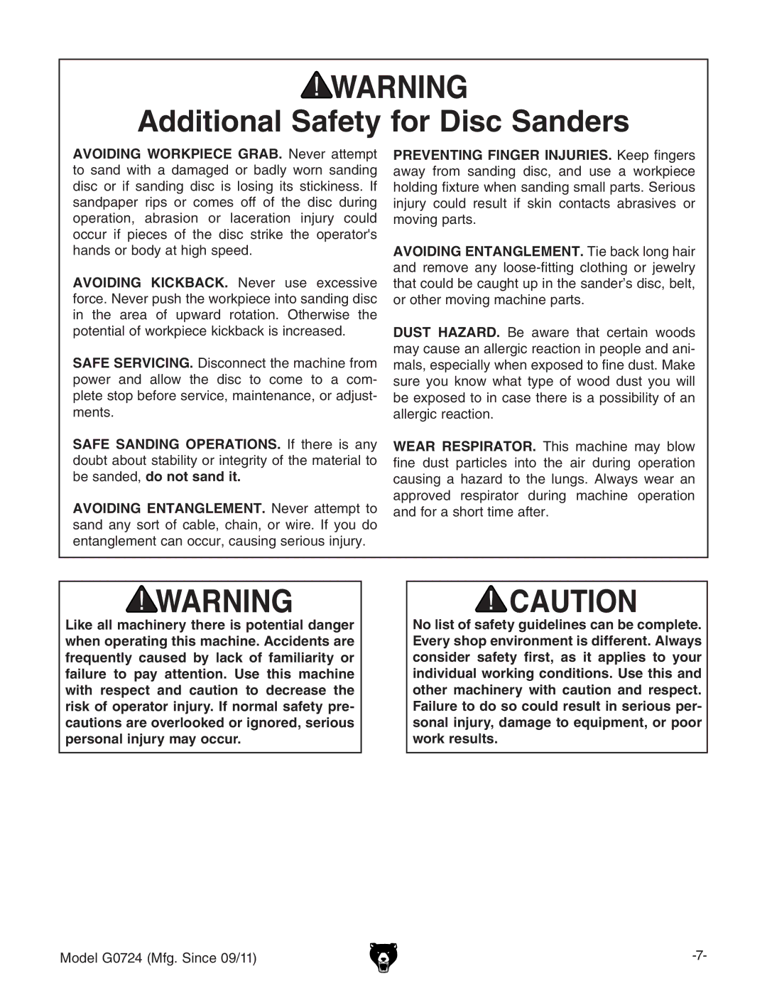 Grizzly G0724 owner manual Additional Safety for Disc Sanders 