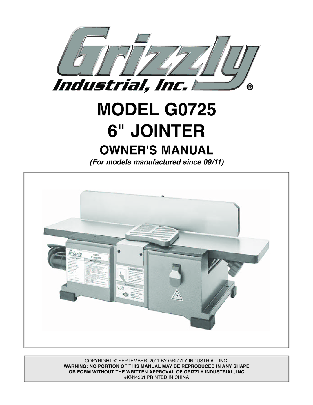 Grizzly owner manual Model G0725 Jointer 