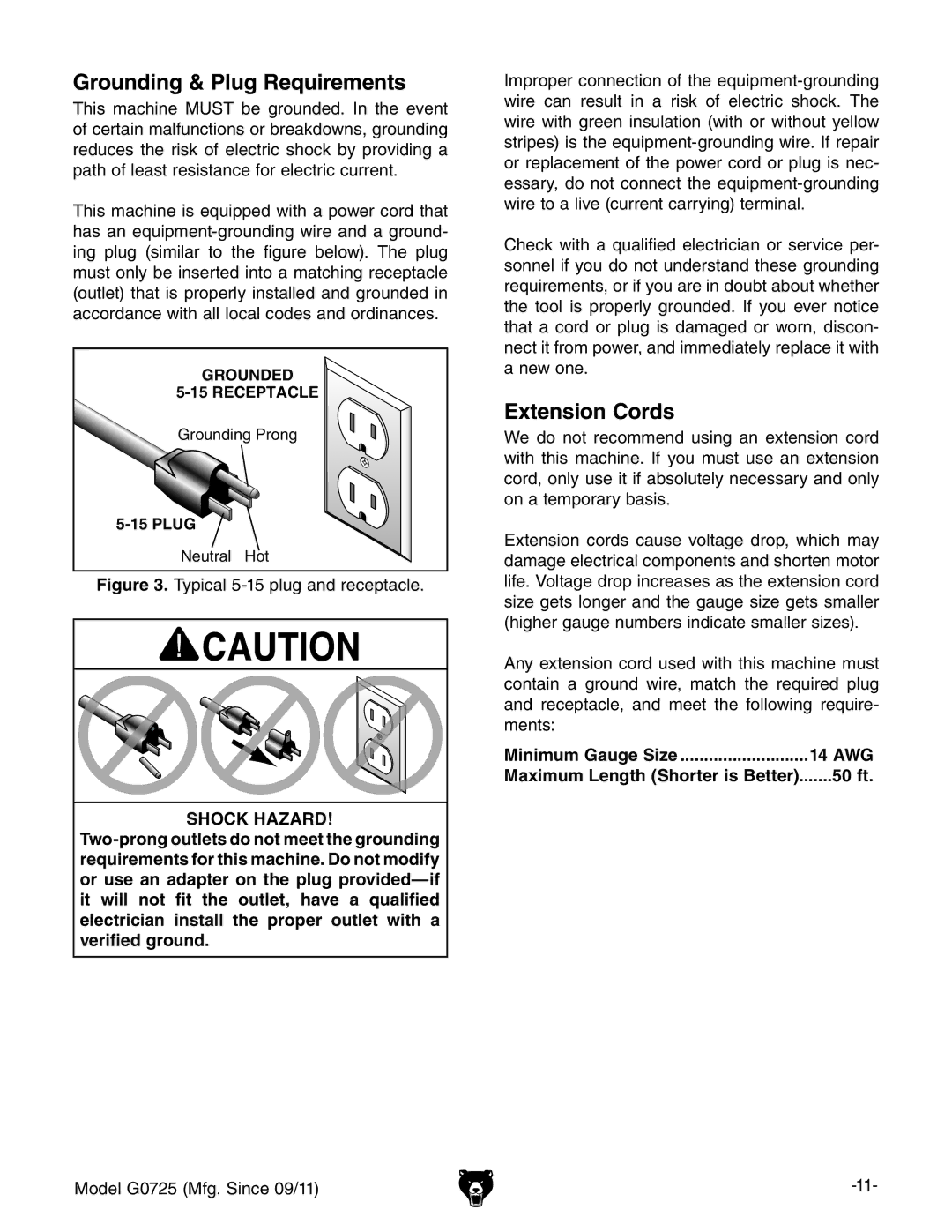 Grizzly G0725 owner manual Grounding & Plug Requirements, Extension Cords, Minimum Gauge Size 14 AWG, 50 ft 