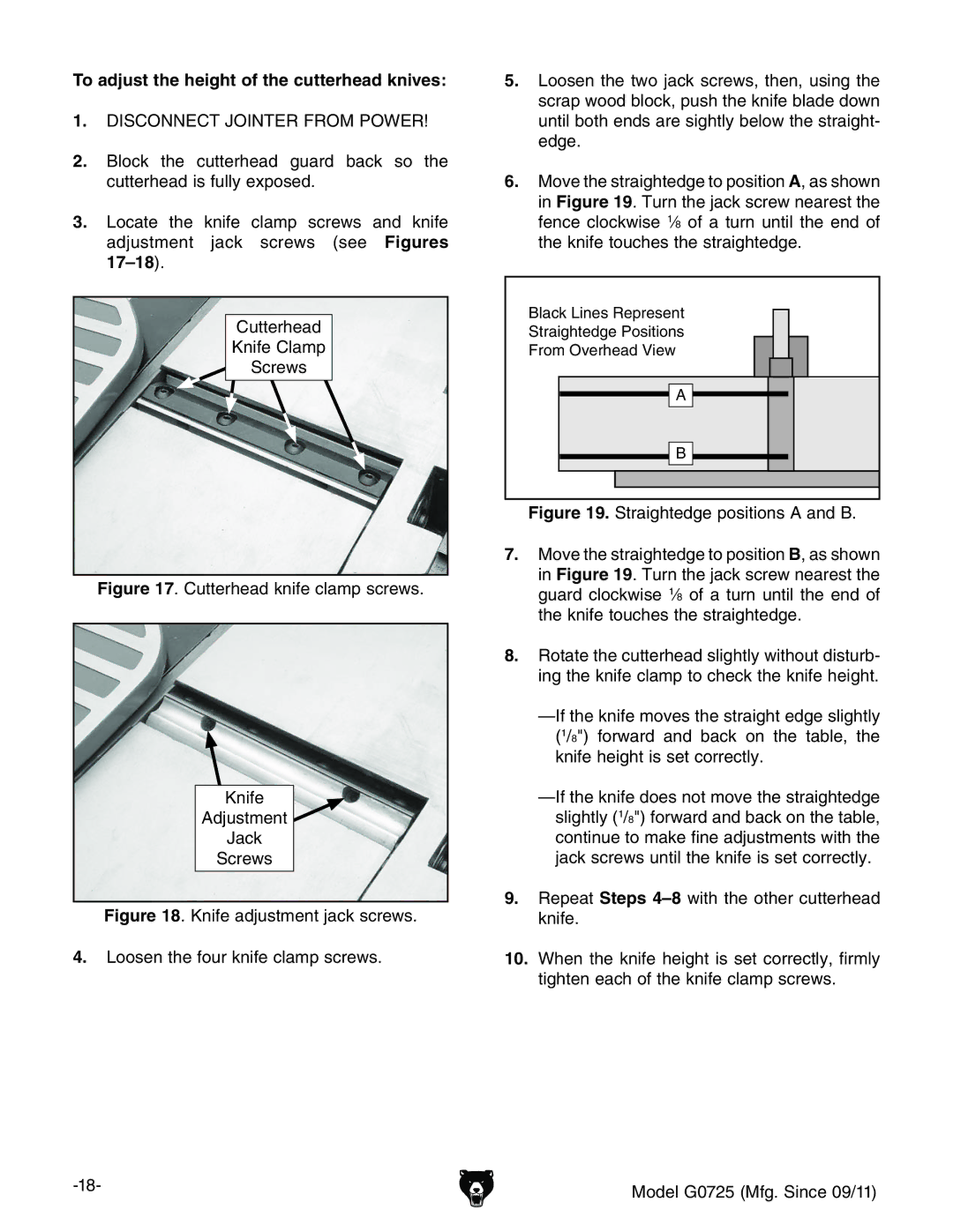 Grizzly G0725 owner manual To adjust the height of the cutterhead knives, GZeZViSteps 4-8liiZdiZgXjiiZgZVY `cZ# 