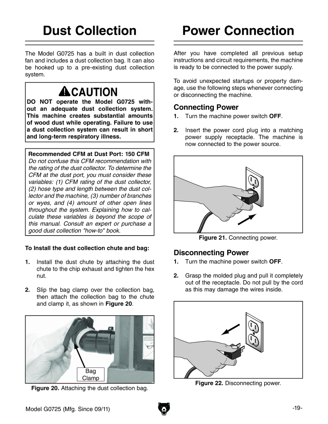 Grizzly G0725 owner manual Dust Collection Power Connection, Connecting Power, Disconnecting Power 