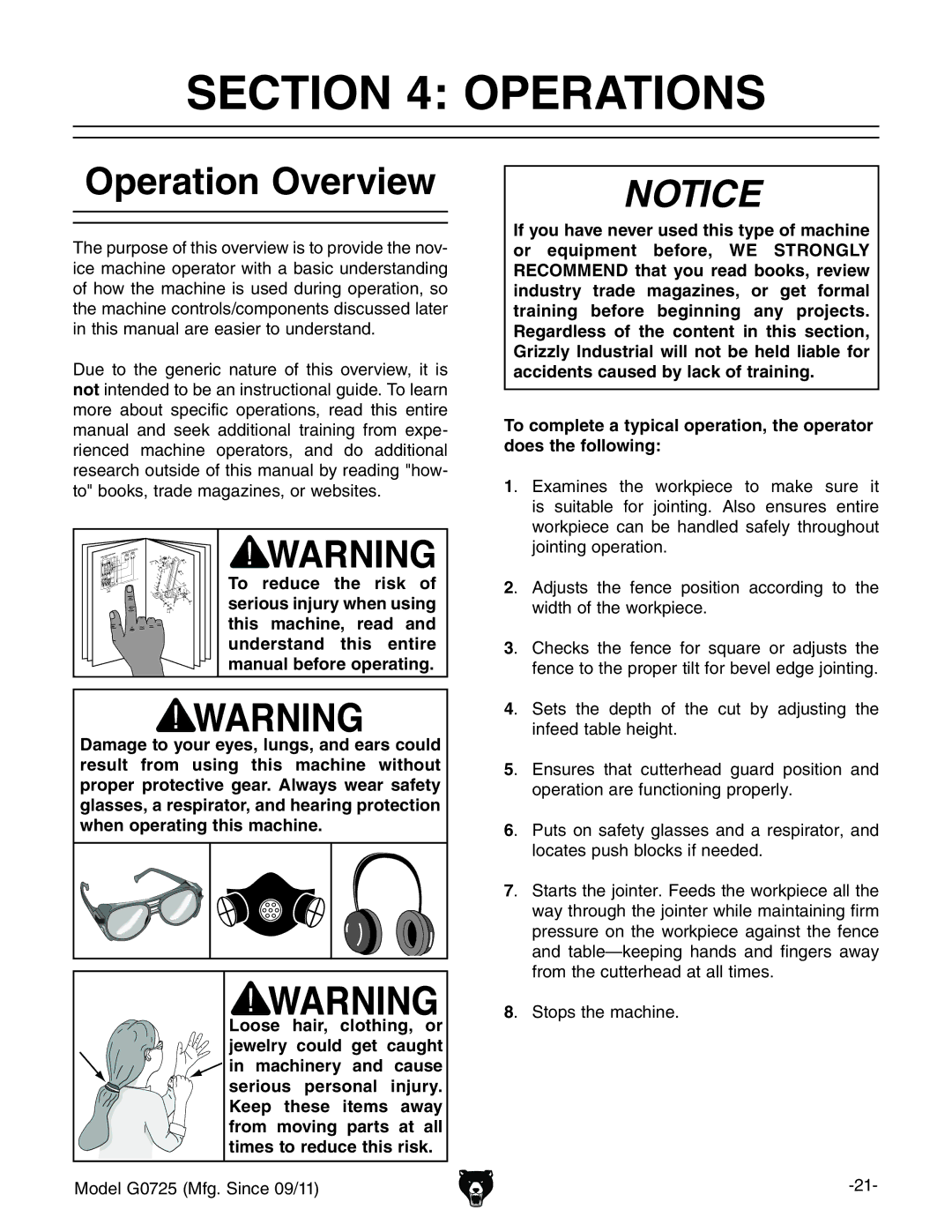 Grizzly G0725 owner manual Operations, Operation Overview, # HidehiZbVXcZ# 