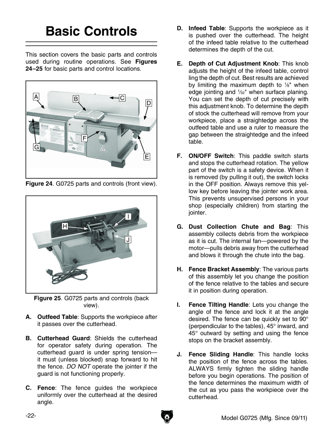 Grizzly G0725 owner manual Basic Controls, Depth of Cut Adjustment Knob/Ih`cdW, Dust Collection Chute and Bag/ Ih 