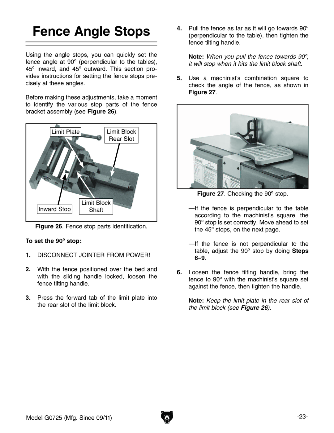 Grizzly G0725 owner manual Fence Angle Stops, To set the 90º stop 