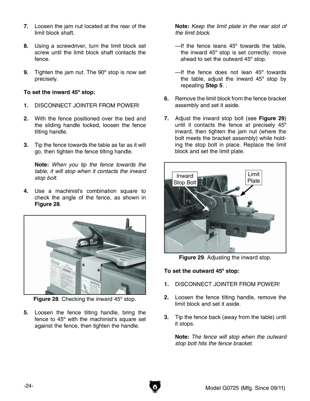 Grizzly G0725 owner manual To set the inward 45º stop, EaViZ, To set the outward 45º stop, ClVgY Hide7dai 