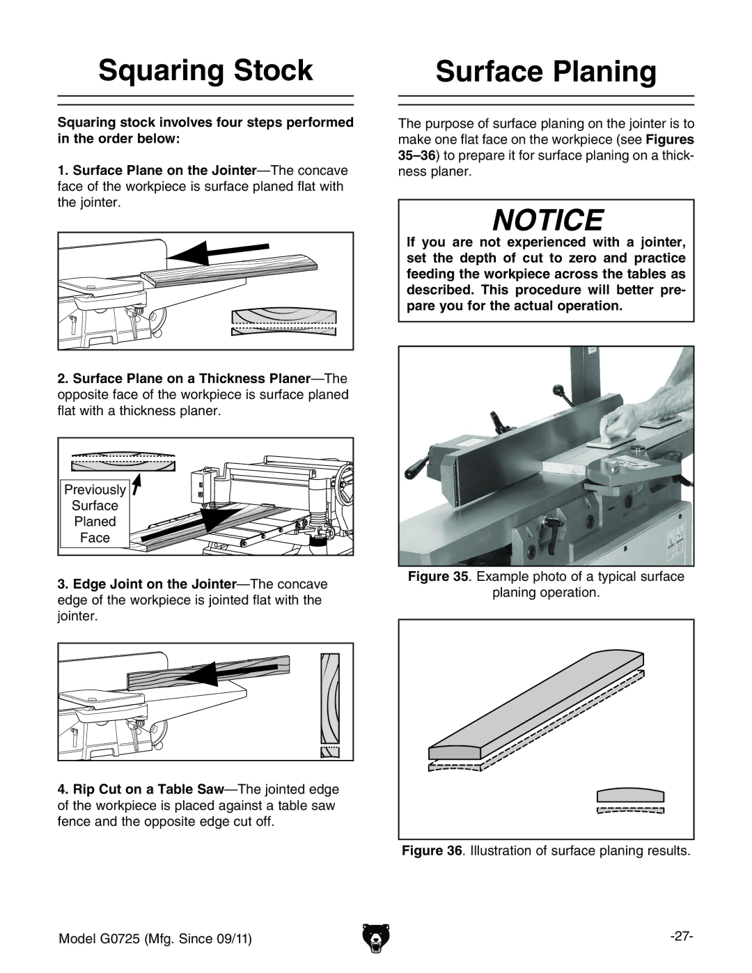 Grizzly G0725 owner manual Squaring Stock Surface Planing, Vxz 