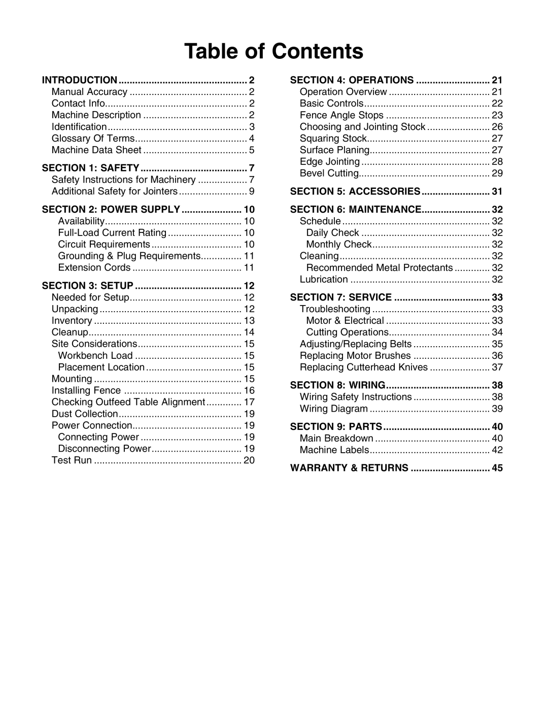 Grizzly G0725 owner manual Table of Contents 