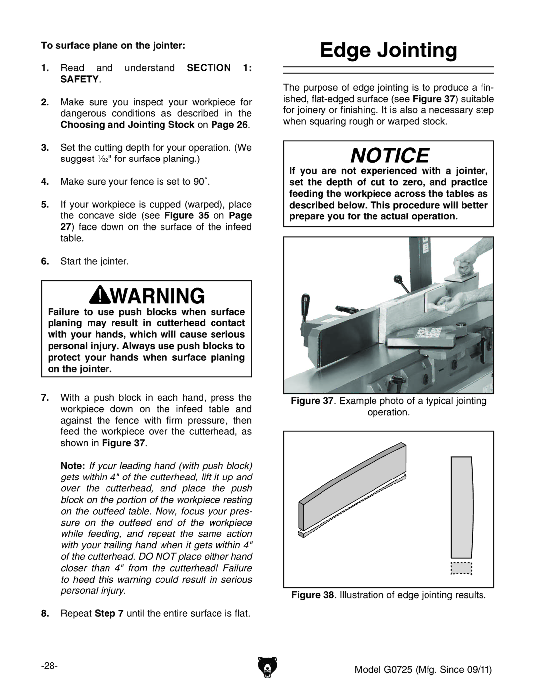 Grizzly G0725 Edge Jointing, To surface plane on the jointer,  GZVY VcY jcYZghiVcY SAFETY#,  HiVgiiZdciZg# 