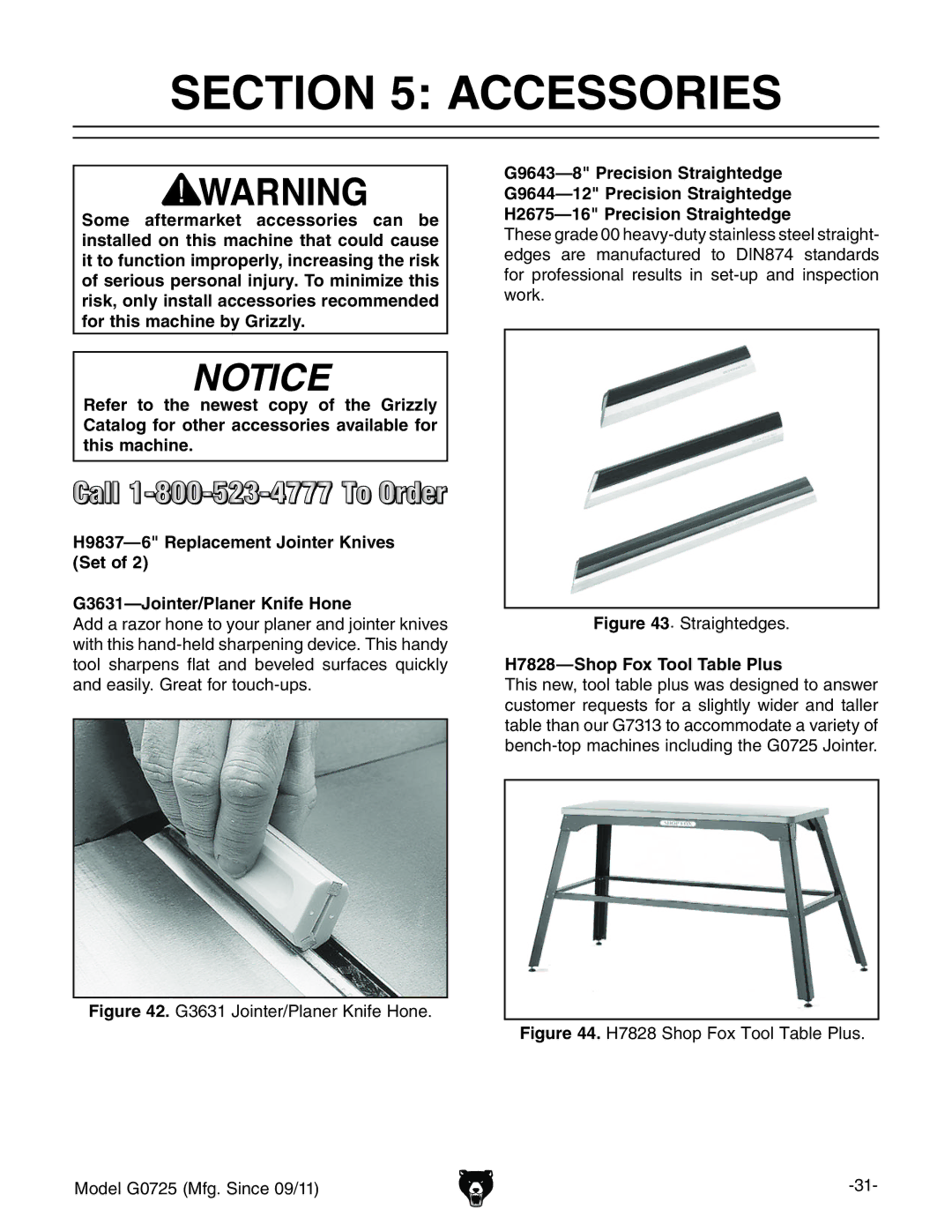 Grizzly G0725 owner manual Accessories, H7828-Shop Fox Tool Table Plus 