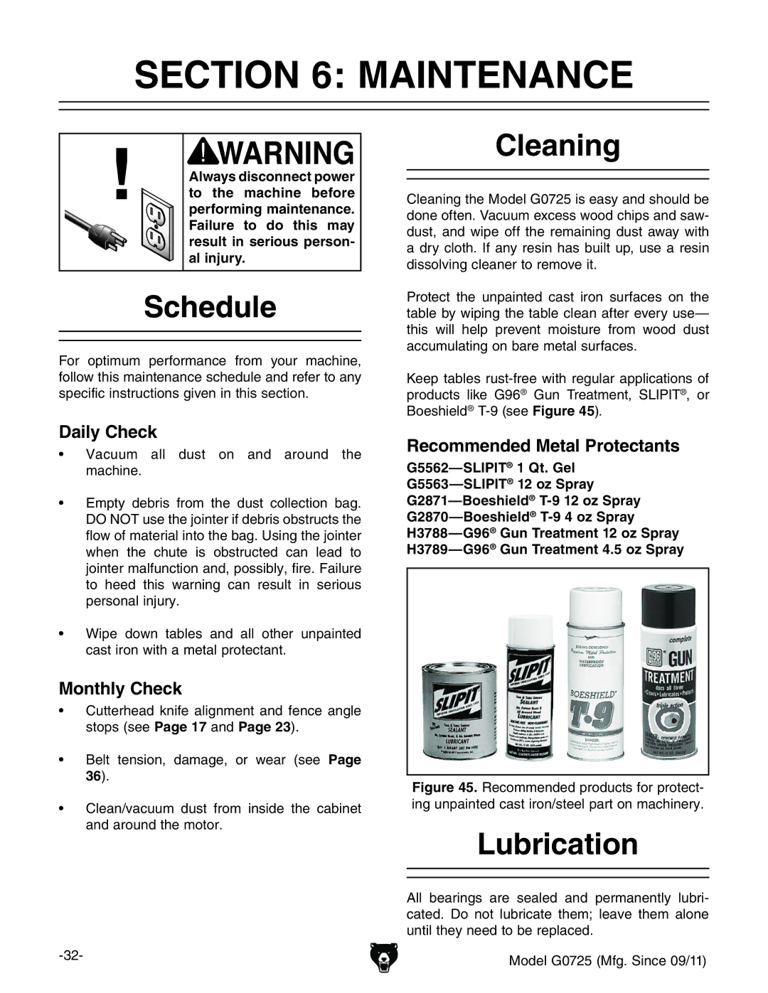 Grizzly G0725 owner manual Maintenance, Schedule, Cleaning, Lubrication 