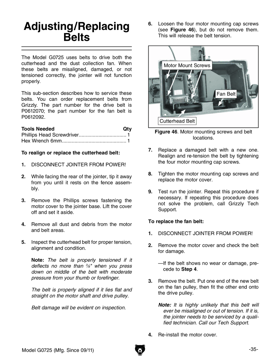 Grizzly G0725 owner manual Adjusting/Replacing Belts, Tools NeededQty, To realign or replace the cutterhead belt 