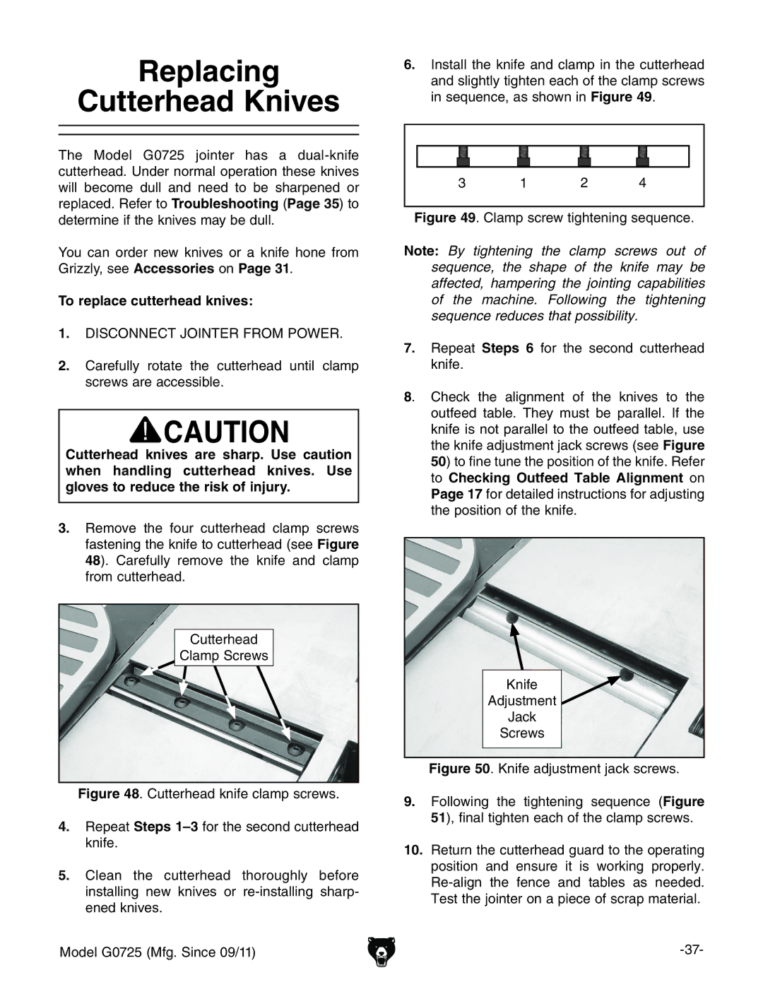 Grizzly G0725 owner manual Replacing Cutterhead Knives, To replace cutterhead knives, 8jiiZgZVY 8aVbeHXgZlh 