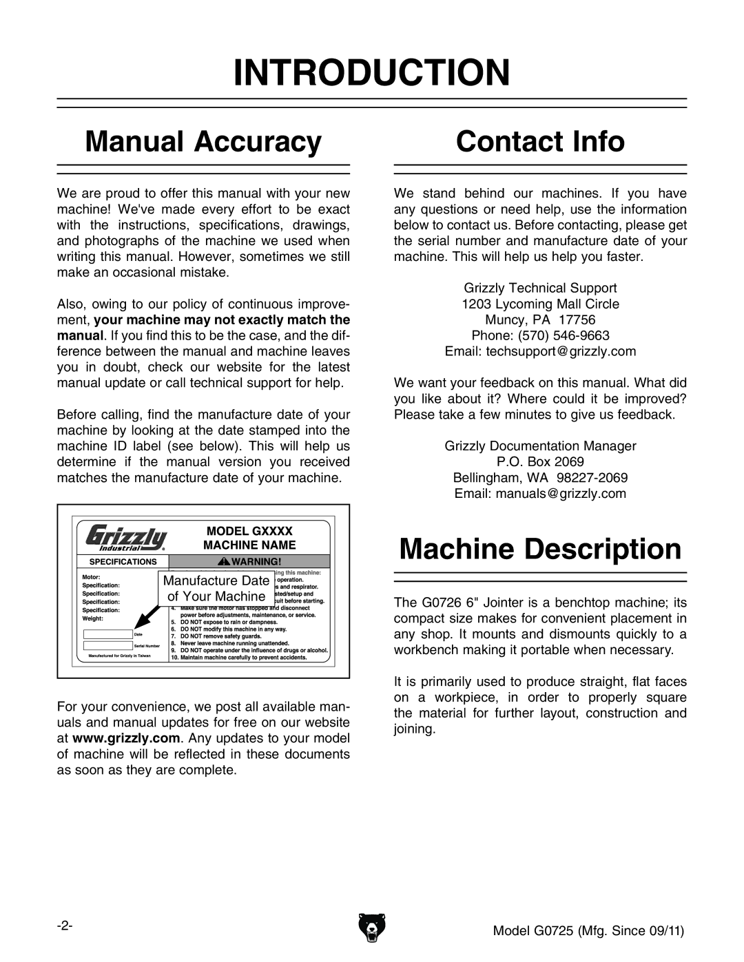 Grizzly G0725 owner manual Introduction, Manual Accuracy Contact Info, Machine Description, NdjgBVXcZ 