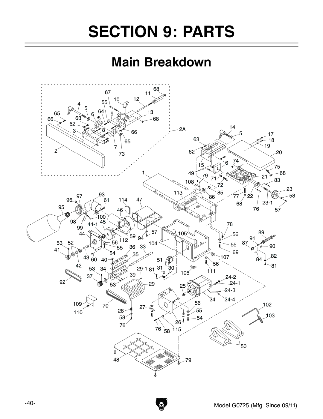 Grizzly G0725 owner manual Parts, Main Breakdown 