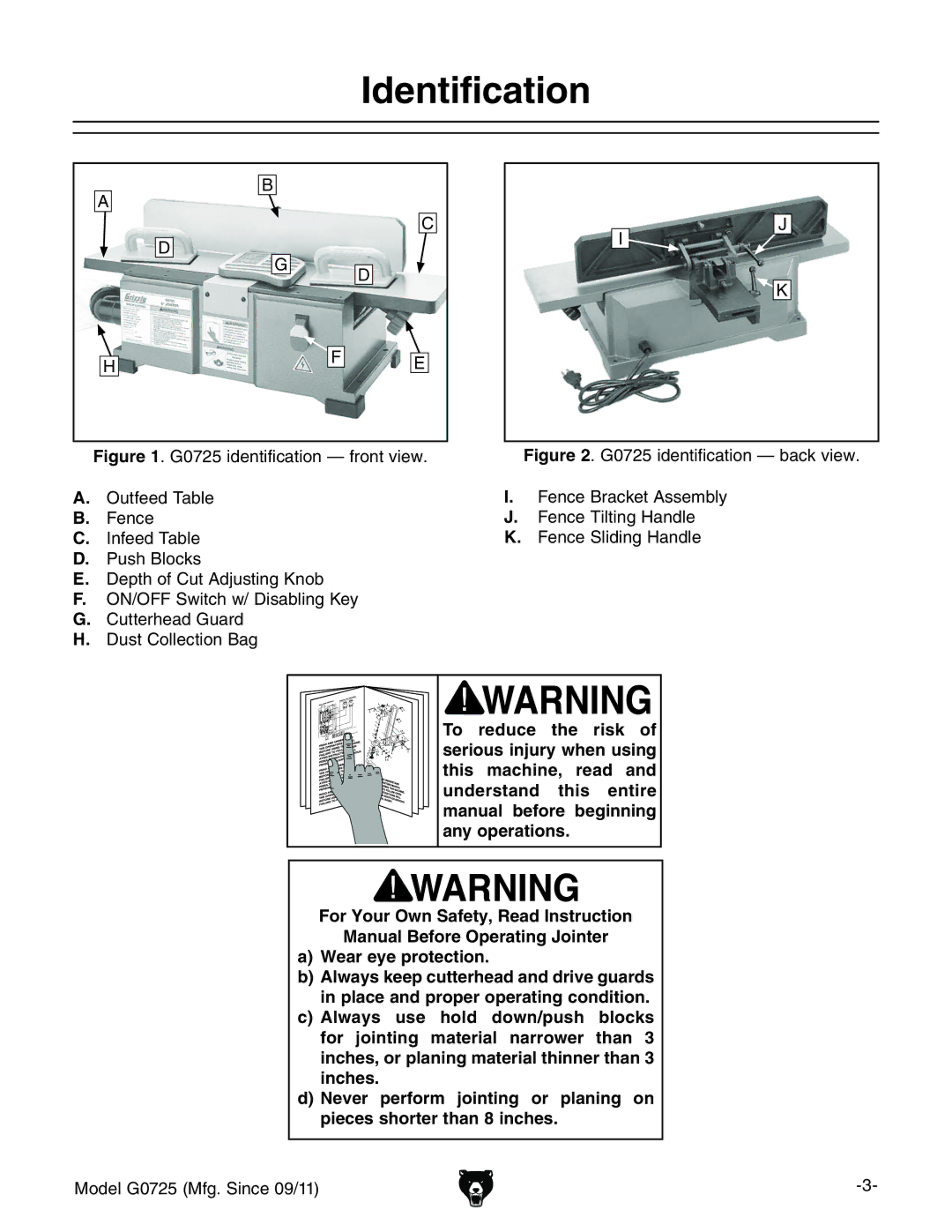 Grizzly G0725 owner manual Identification, ,  9jhi8daaZXidc7V, BdYZa%,*B\#HcXZ%.$&& 