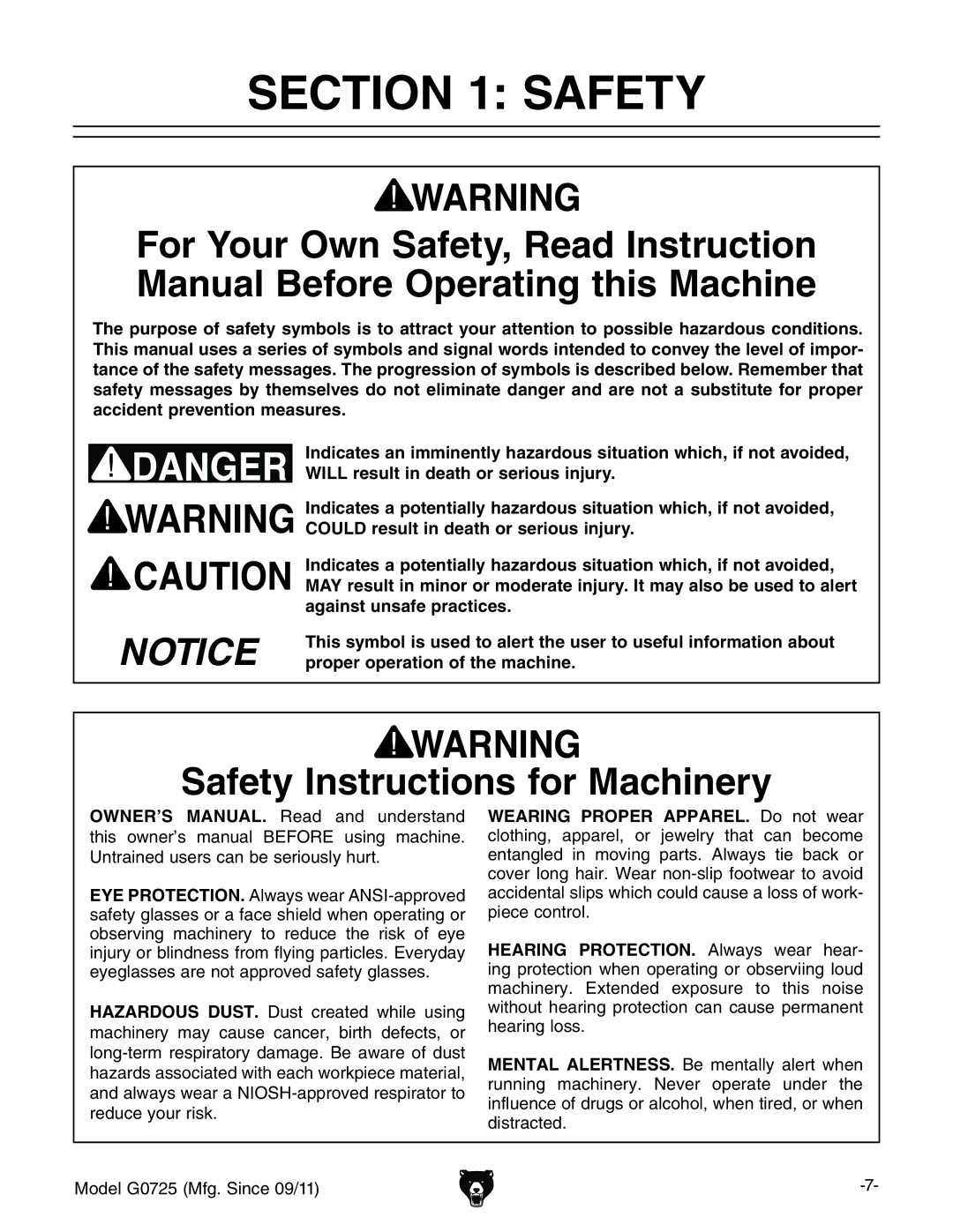 Grizzly G0725 owner manual Safety Instructions for Machinery, DWhZgkc\ bVXcZgn id gZYjXZ iZ gh` d ZnZ 