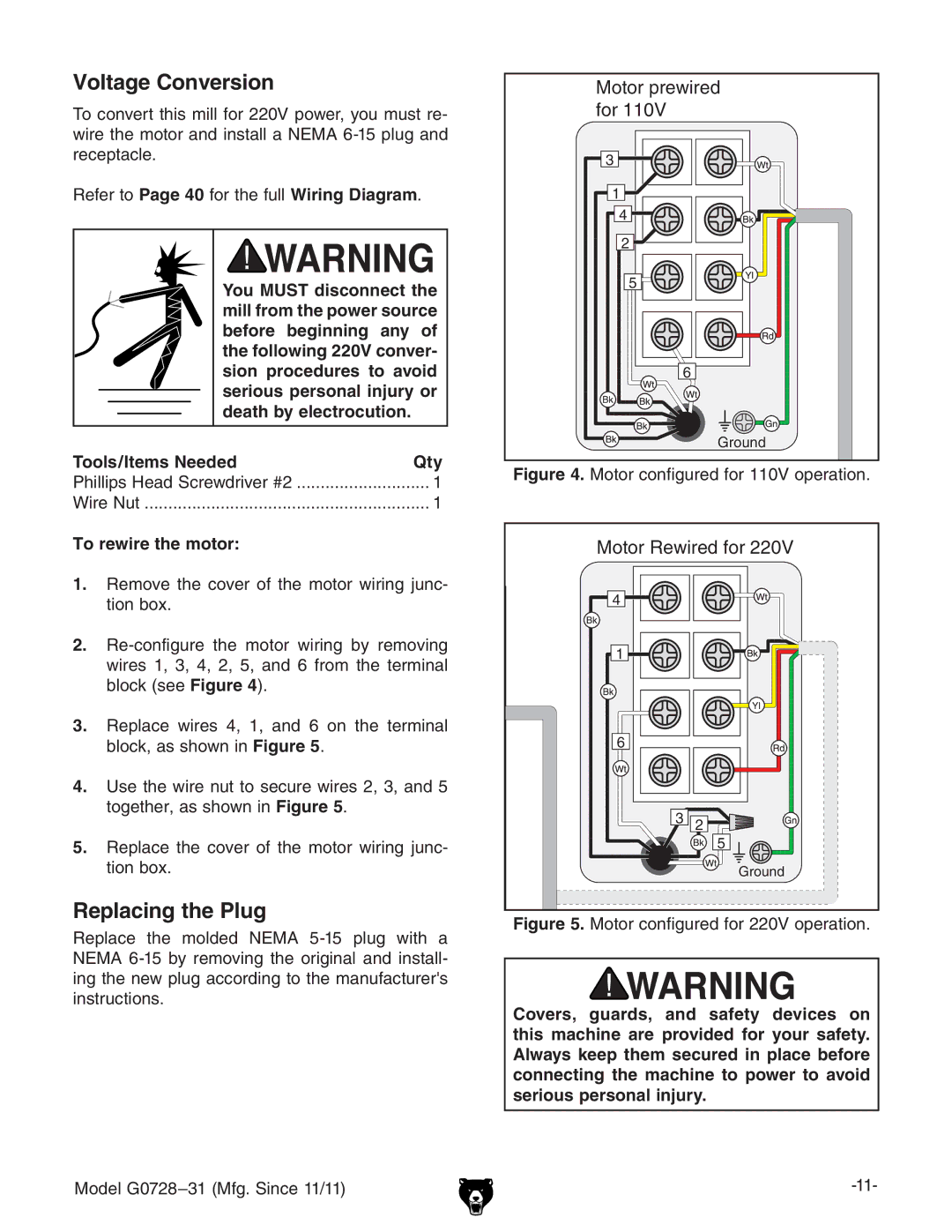 Grizzly G0728 owner manual Voltage Conversion, Replacing the Plug, To rewire the motor 