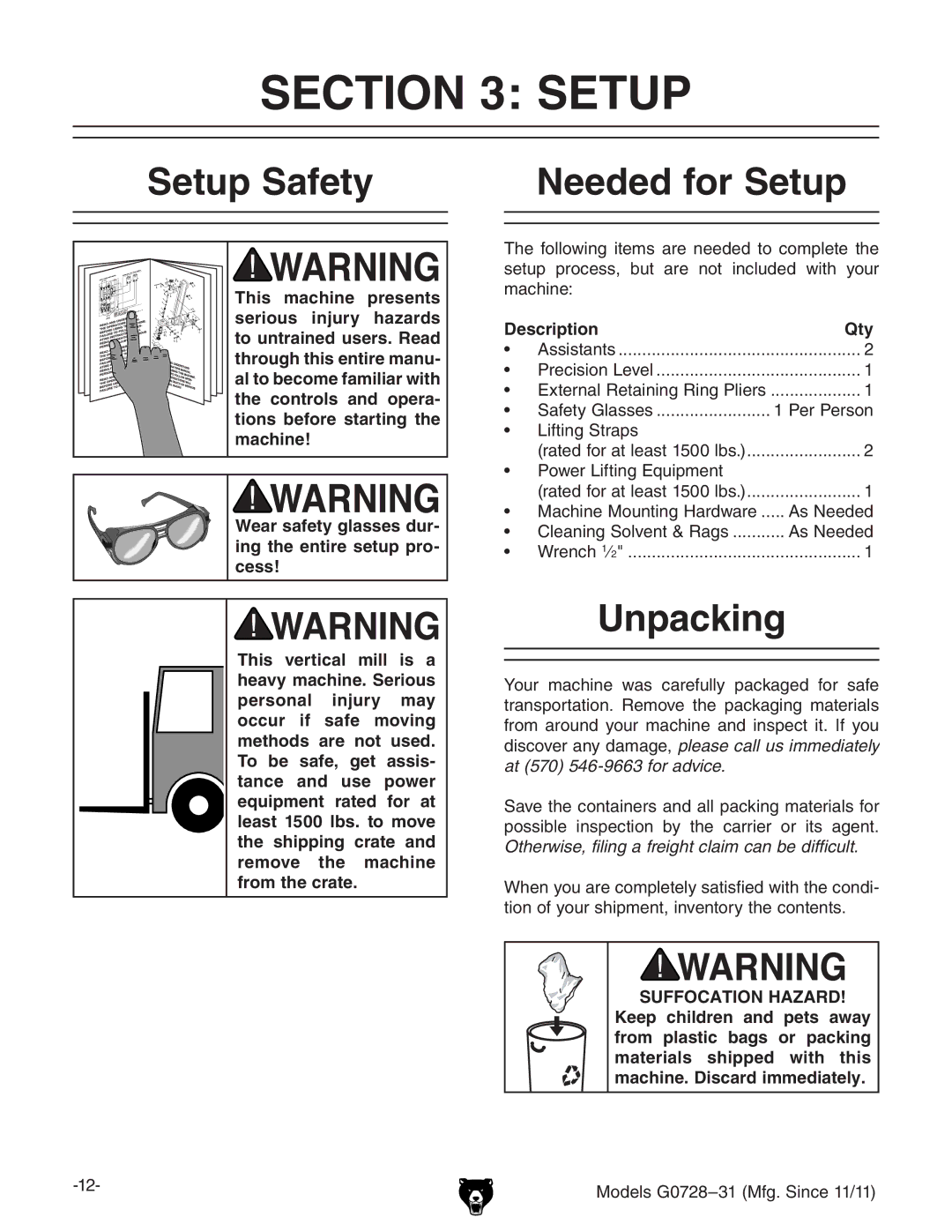 Grizzly G0728 owner manual Setup Safety, Needed for Setup, Unpacking, Description Qty 