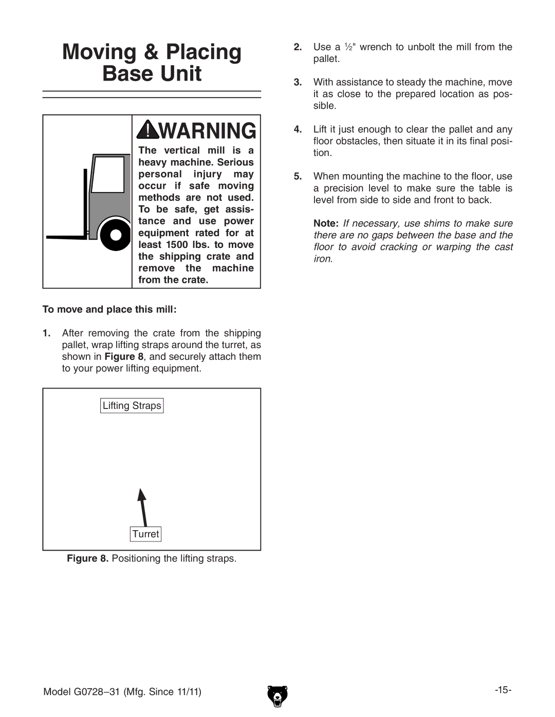 Grizzly G0728 owner manual Moving & Placing Base Unit, Aic\HigVeh IjggZi 