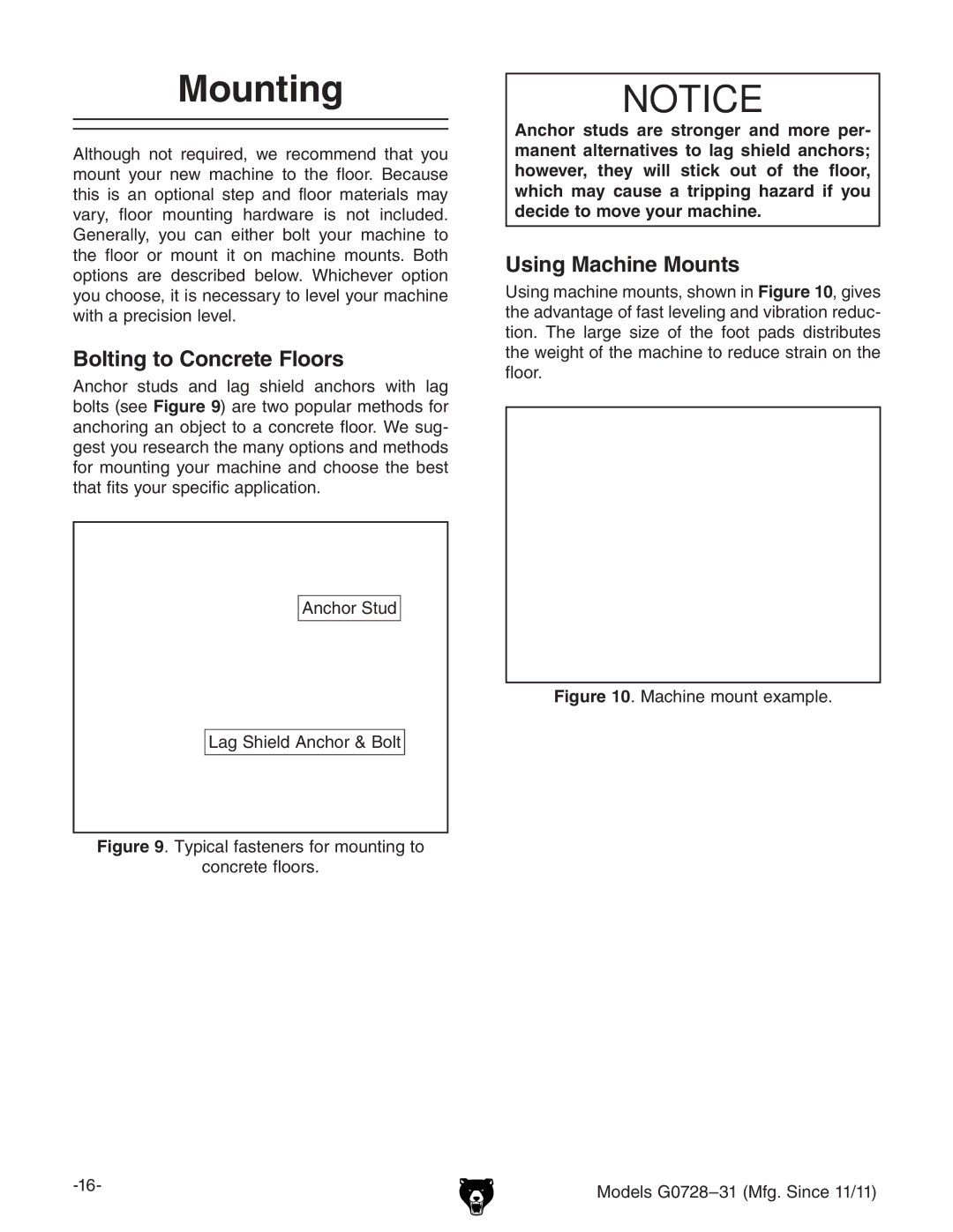 Grizzly G0728 owner manual Mounting, Bolting to Concrete Floors, Using Machine Mounts, 6cXdgHijY AV\HZaY6cXdg7dai 