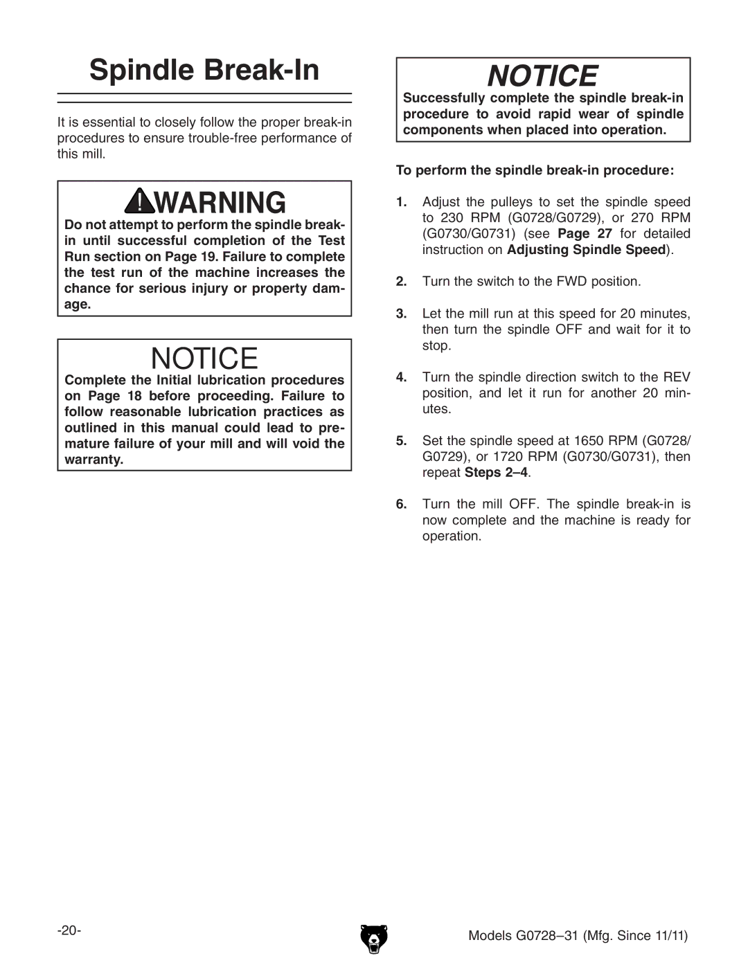 Grizzly G0728 owner manual Spindle Break-In,  IjgciZhliXidiZL9edhidc# 