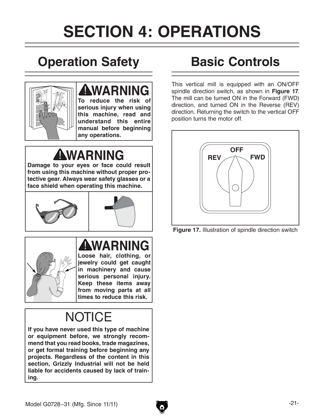 Grizzly G0728 owner manual Operations, Operation Safety Basic Controls 