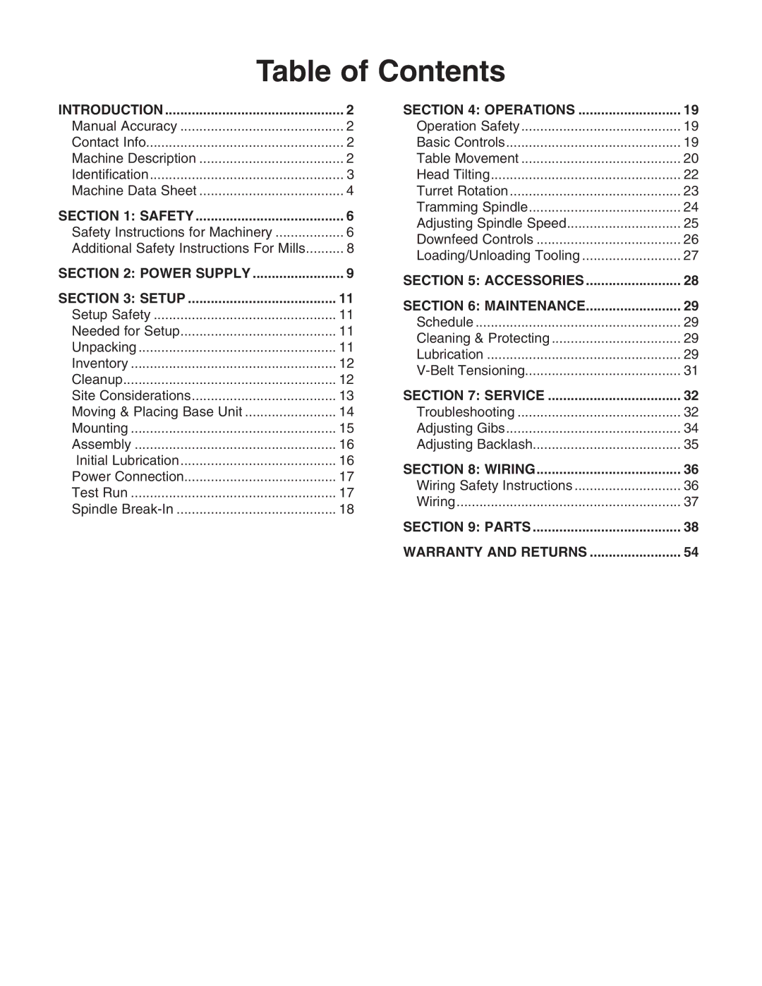 Grizzly G0728 owner manual Table of Contents 