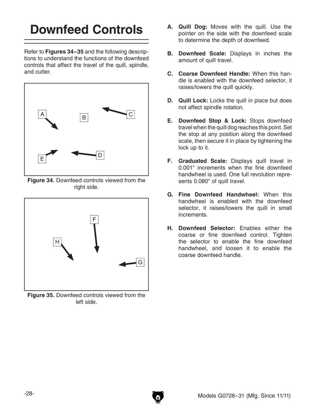 Grizzly G0728 owner manual Downfeed Controls, Coarse Downfeed Handle LZc ih Vc, Downfeed Stop & Lock Hideh YdlcZZY 