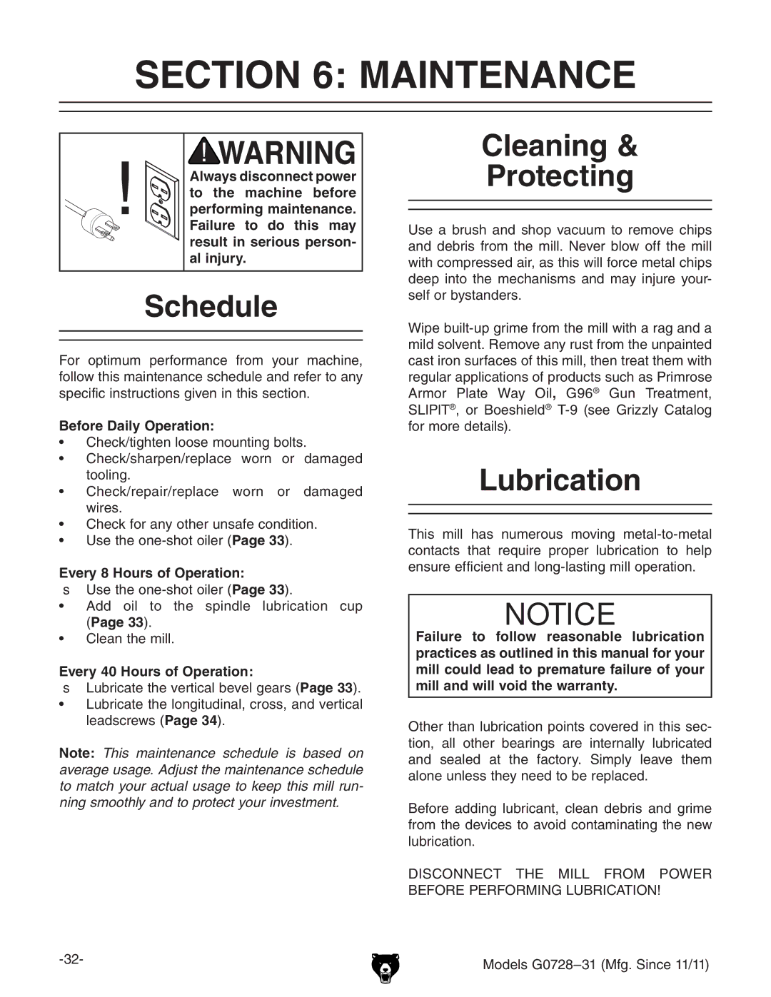 Grizzly G0728 owner manual Maintenance, Schedule, Cleaning Protecting, Lubrication 