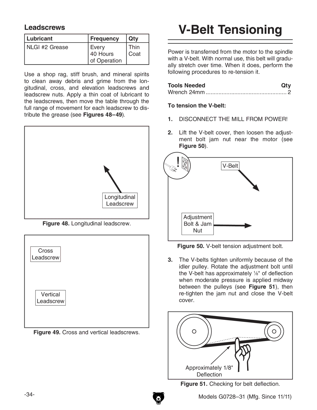 Grizzly G0728 Belt Tensioning, Leadscrews, Adc\ijYcVa AZVYhXgZl, To tension the V-belt, 6eegdmbViZan&$- 9ZaZXidc 