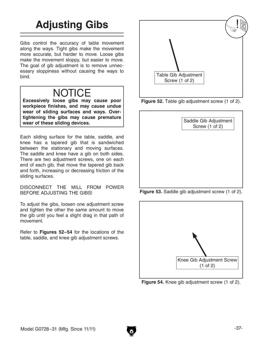 Grizzly G0728 owner manual Adjusting Gibs, 9H8DCC8I I= BAA GDB EDLG 7DG69?JHICI=7H 