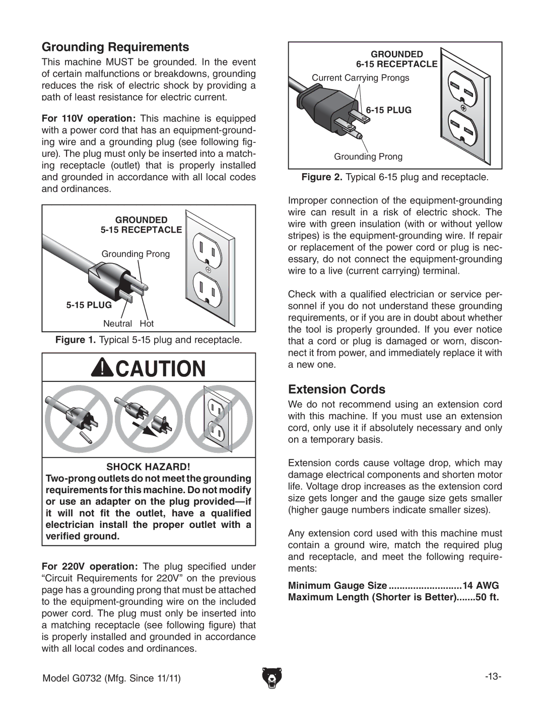 Grizzly G0732 owner manual Grounding Requirements, Extension Cords, Minimum Gauge Size 14 AWG, 50 ft 