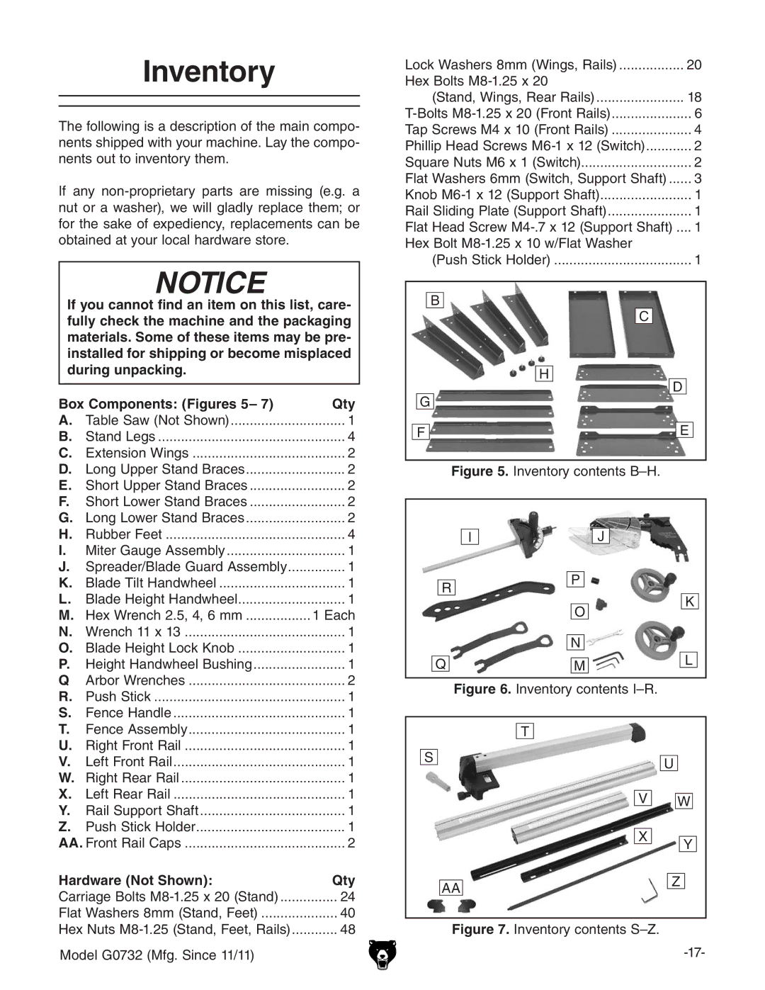 Grizzly G0732 owner manual Inventory, Hardware Not ShownQty, =ZmLgZcX#*!!+bb################# &VX 