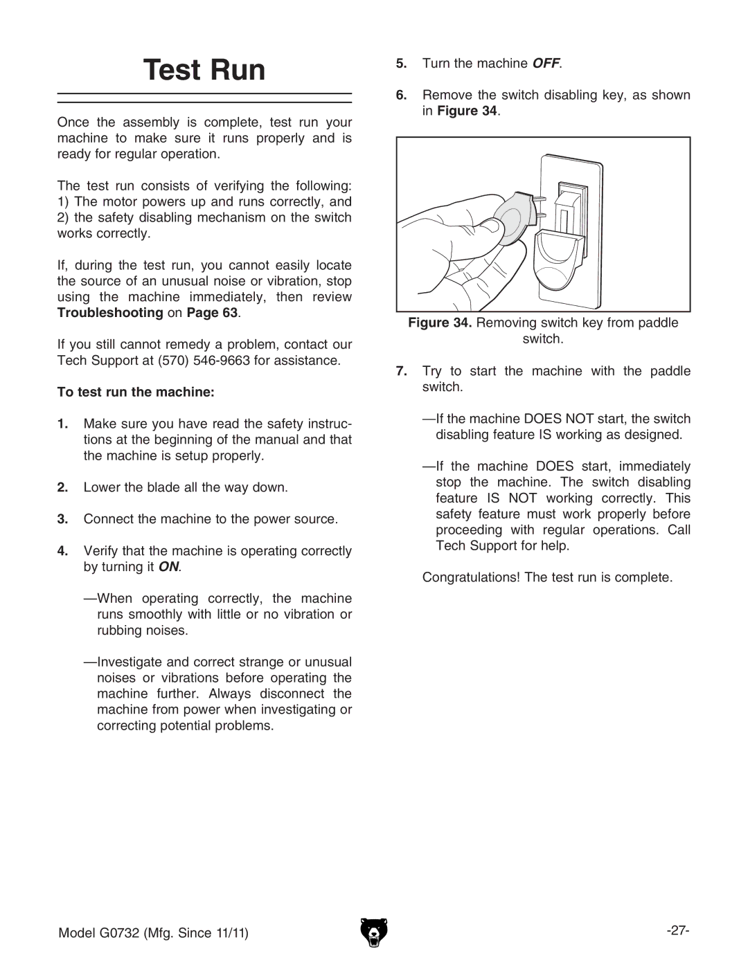 Grizzly G0732 owner manual Test Run, To test run the machine,  #, 8dc\gVijaVidchIZiZhigjchXdbeaZiZ# 