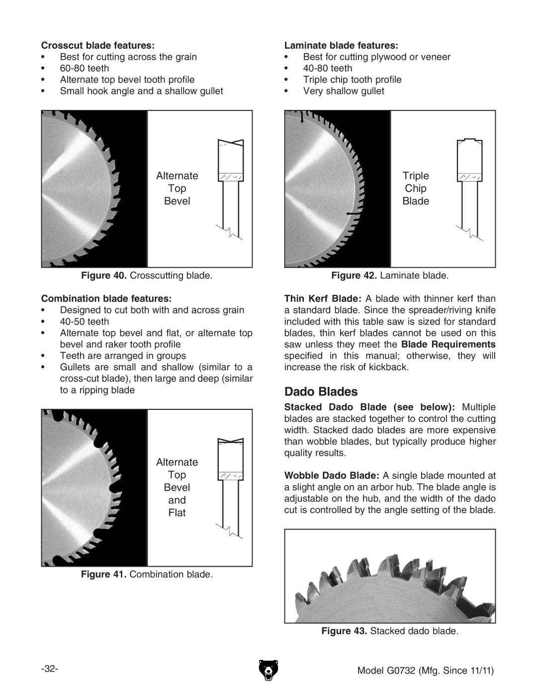 Grizzly G0732 owner manual Dado Blades, Crosscut blade features Laminate blade features, Combination blade features 