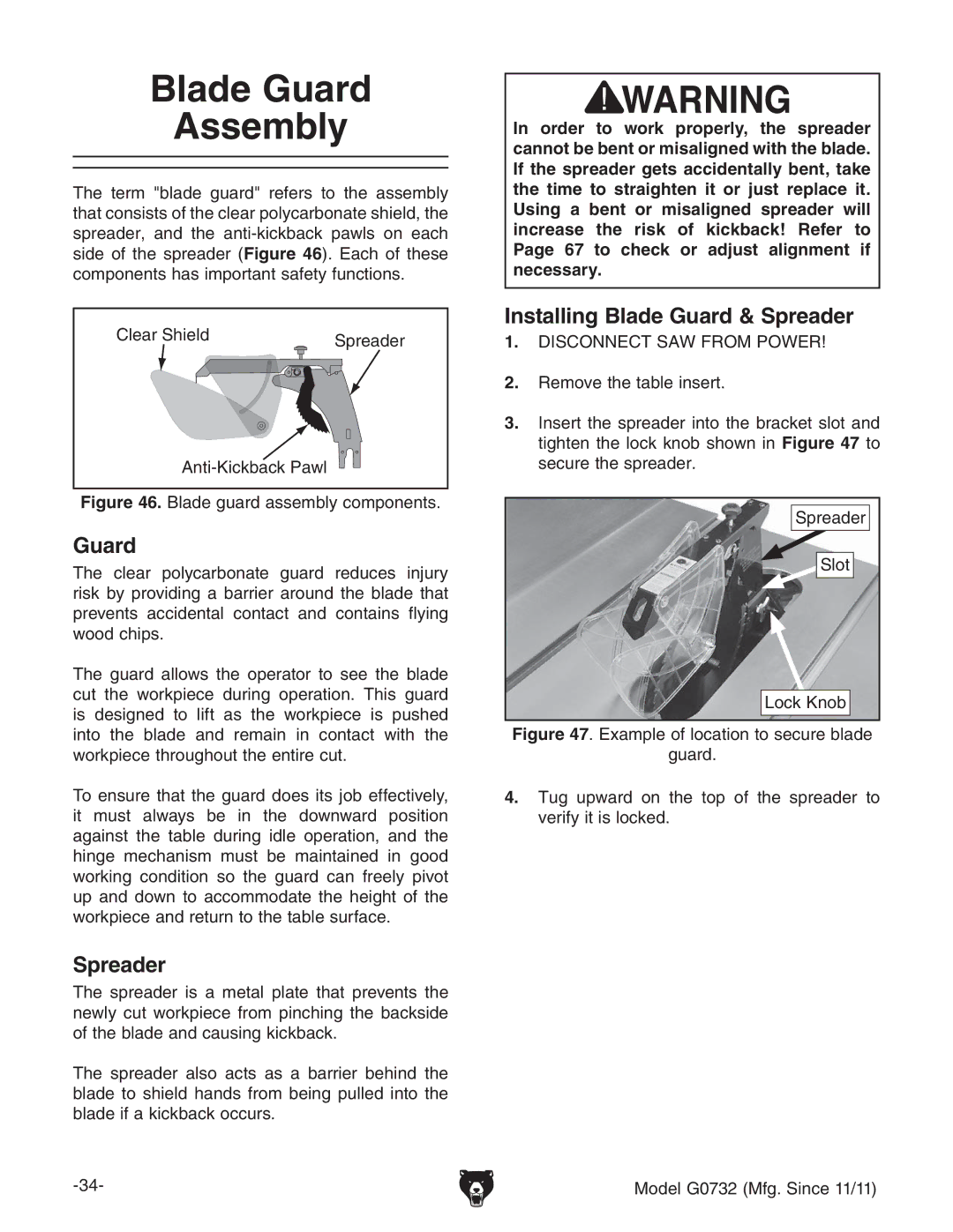 Grizzly G0732 owner manual Blade Guard Assembly, Installing Blade Guard & Spreader 