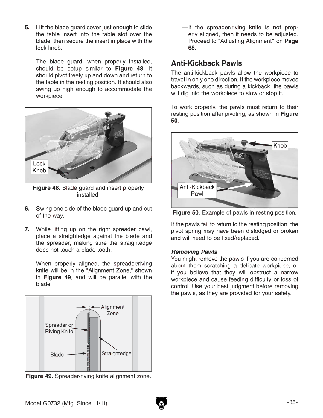 Grizzly G0732 owner manual Anti-Kickback Pawls, @cdW, 6a\cbZci, OdcZ, HegZVYZgdg Gkc\@cZ 7aVYZ HigV\iZY\Z 